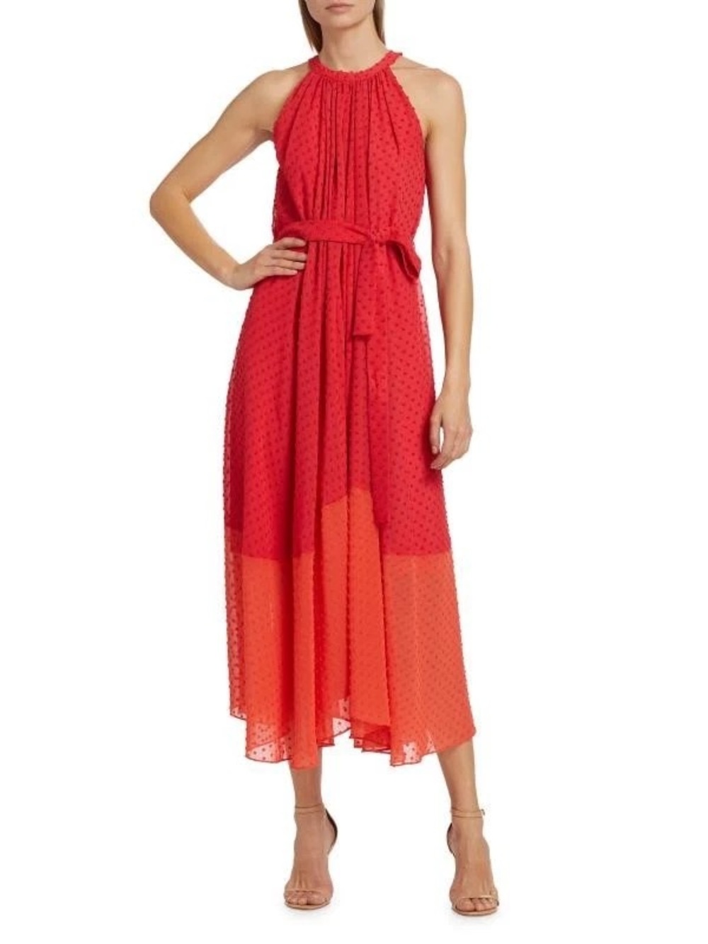 NWT Elie Tahari Red and Orange Swiss Dot Halter Dress - Size XL